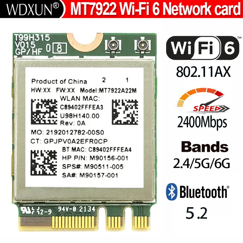 WiFi6E MT7922 MT7922A22M 2400Mbps Wifi Card 2.4/5/6G Bluetooth 5.2 BT5.2 Wireless Adapter Wireless Card 2400M M.2 NGFF
WiFi6E MT7922 MT7922A22M 2400Mbps Wifi Card 2.4/5/6G Bluetooth 5.2 BT5.2 Wireless Adapter Wireless Card 2400M M.2 NGFF