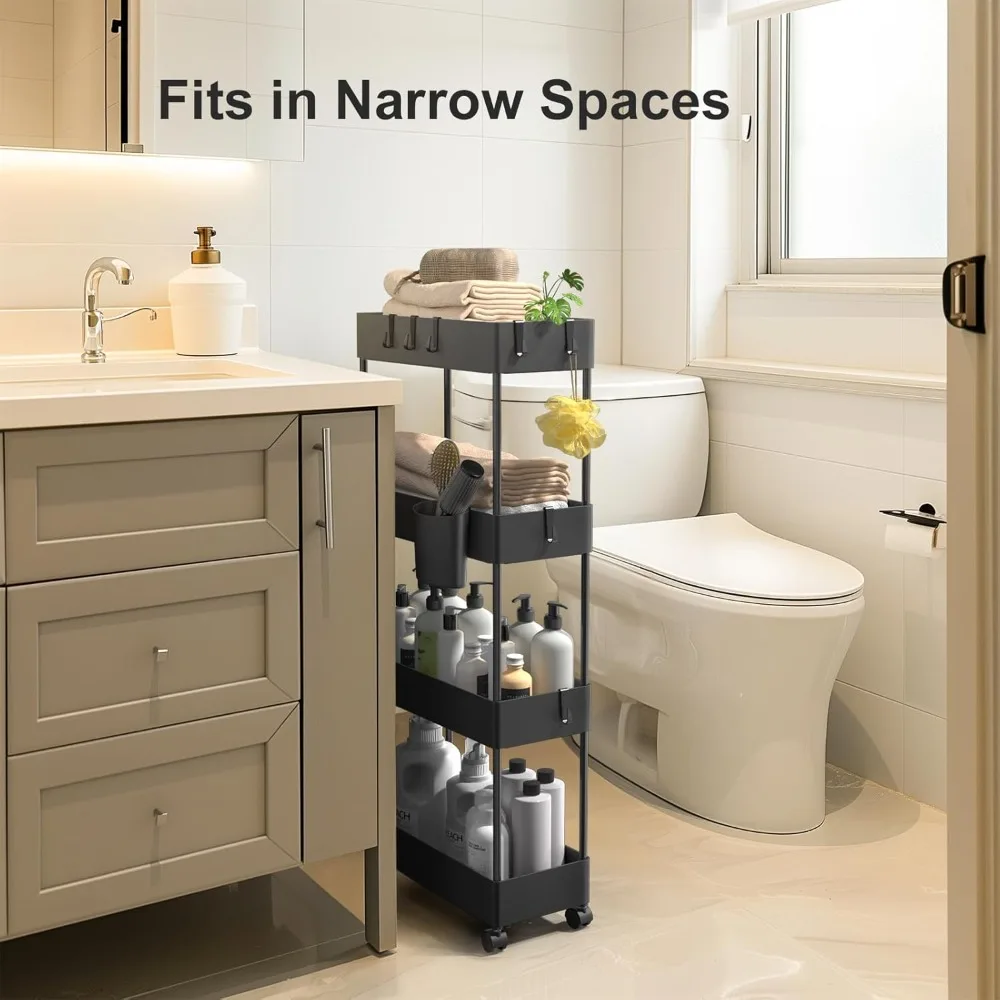Slim Rolling Storage Cart with Wheels - 4 Tier Bathroom Kitchen Organizer for Small Spaces, Black
Slim Rolling Storage Cart with Wheels - 4 Tier Bathroom Kitchen Organizer for Small Spaces, Black