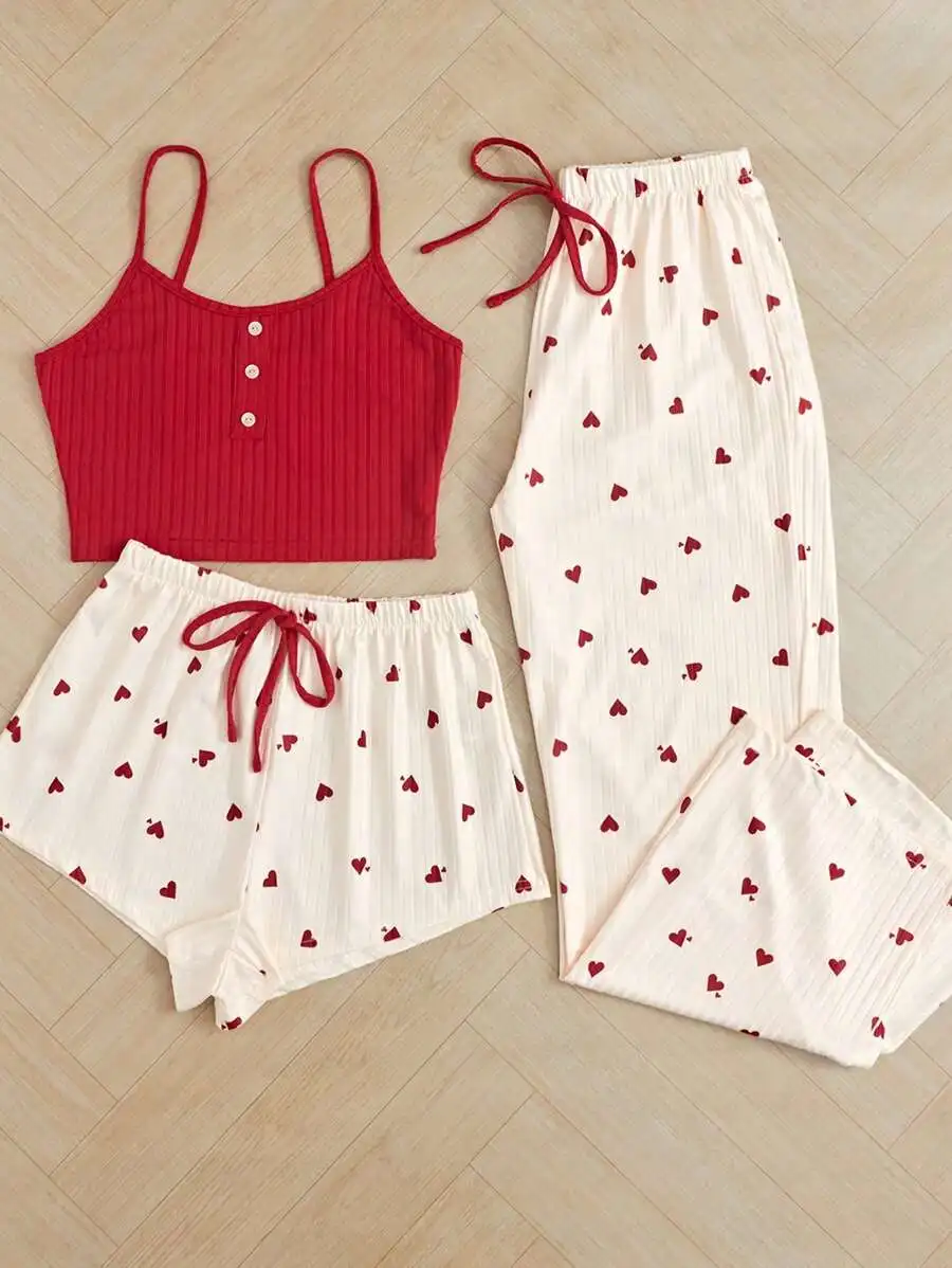 Heart Print Cami Top Shorts And Pants Pajama Set Cozy Sleepwear
Heart Print Cami Top Shorts And Pants Pajama Set Cozy Sleepwear