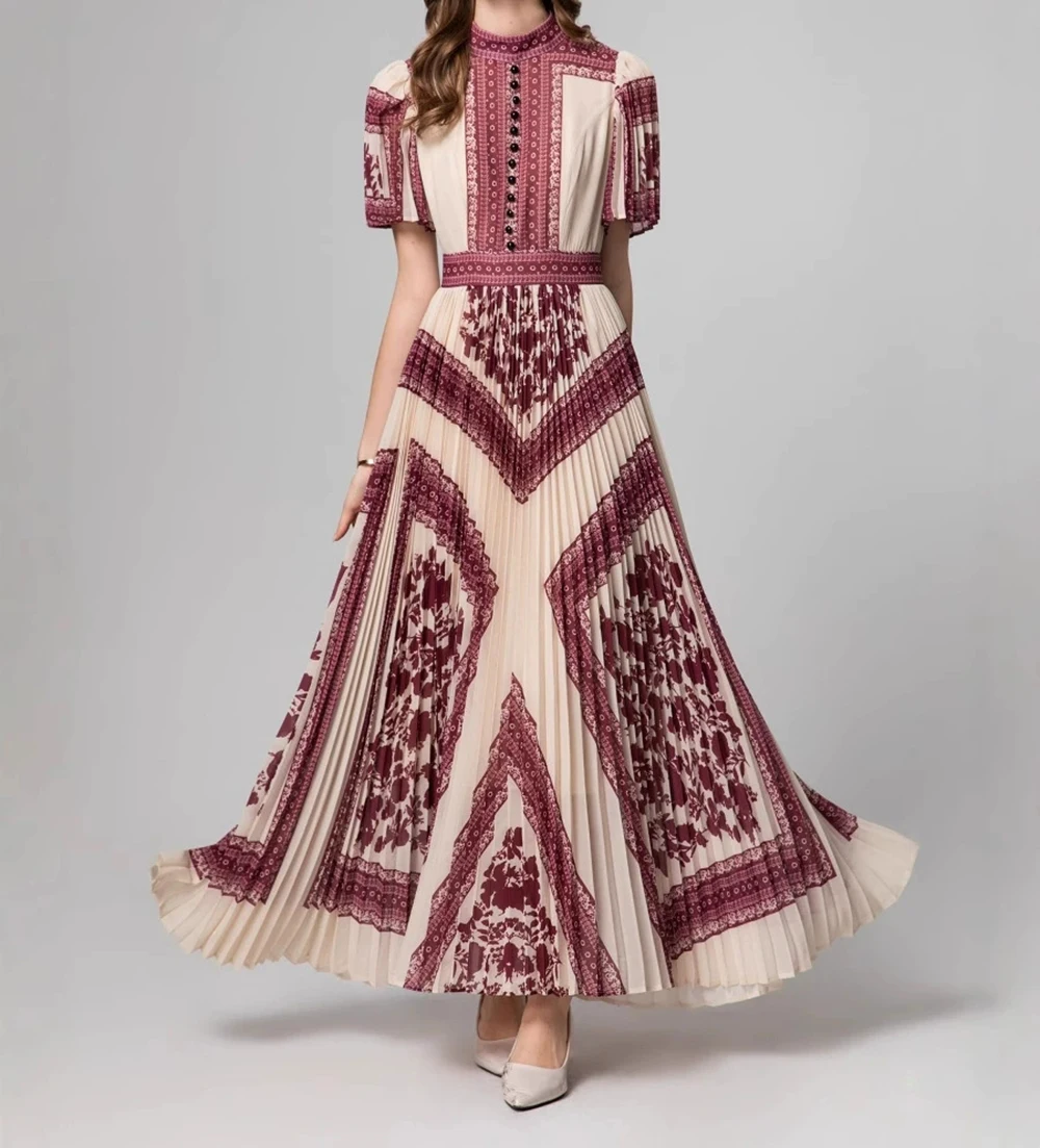 2025 spring and summer new round neck short sleeve waist pleated skirt retro printed long skirt casual dress elegant-GZXX125 
2025 spring and summer new round neck short sleeve waist pleated skirt retro printed long skirt casual dress elegant-GZXX125