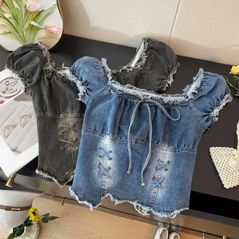 French Style Square Collar Ladies Short Sleeves Solid Color Backless Commuting T-shirt Summer All Match High Quality Denim Tops
French Style Square Collar Ladies Short Sleeves Solid Color Backless Commuting T-shirt Summer All Match High Quality Denim Tops