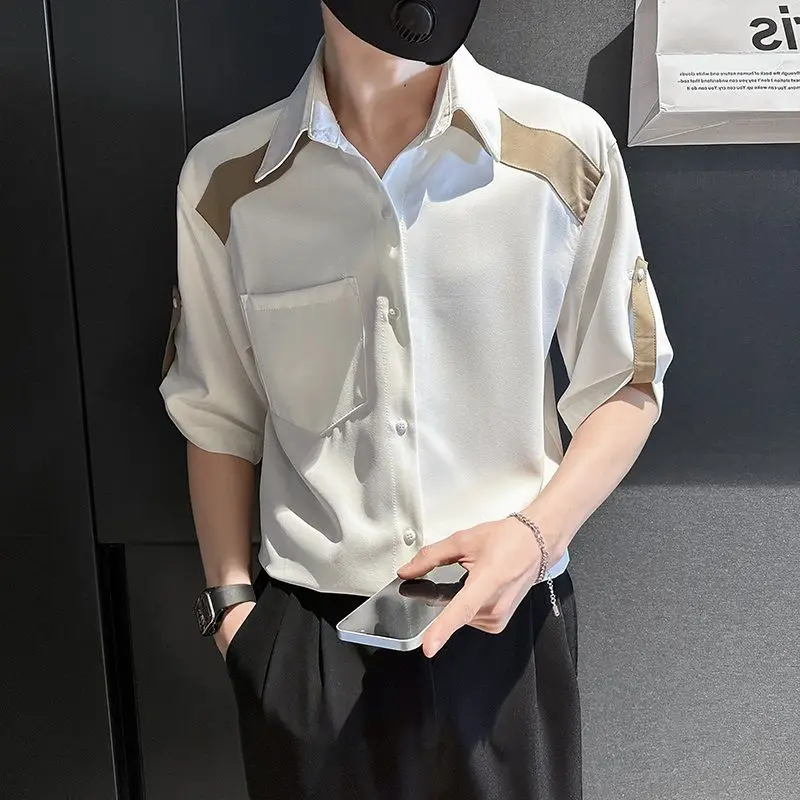 Contrasting Colors Patchwork Shirts Men's Clothing Fashion Pockets Summer New Polo-Neck Casual 3/4 Sleeve Single-breasted Shirts
Contrasting Colors Patchwork Shirts Men's Clothing Fashion Pockets Summer New Polo-Neck Casual 3/4 Sleeve Single-breasted Shirts