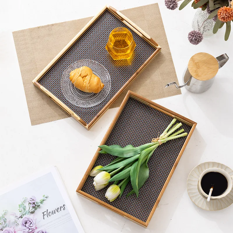 Retro bamboo imitation rattan tea tray, home coffee shop bread and pastry storage tray, simple rectangular small tea tray 
Retro bamboo imitation rattan tea tray, home coffee shop bread and pastry storage tray, simple rectangular small tea tray