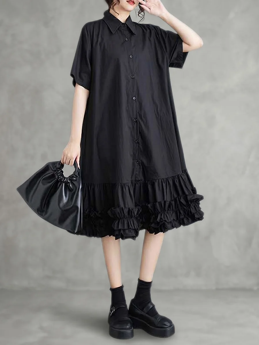 Onecozyday Women's Black Loose Shirt Midi Dress Lapel Collar Short Sleeve Button Front Multi Layer Ruffle Hem Casual Swing Dress
Onecozyday Women's Black Loose Shirt Midi Dress Lapel Collar Short Sleeve Button Front Multi Layer Ruffle Hem Casual Swing Dress