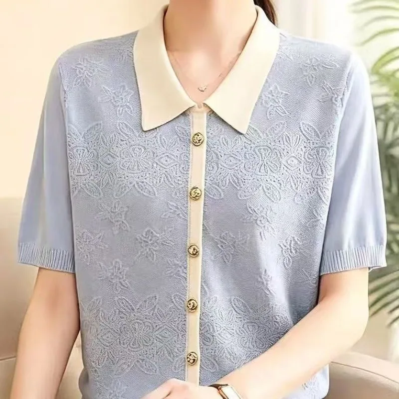 Elegant Knitted Short Sleeve Top for Middle-Aged And Elderly Women Fashionable Small Collar Clothes Grandmother Style Q313
Elegant Knitted Short Sleeve Top for Middle-Aged And Elderly Women Fashionable Small Collar Clothes Grandmother Style Q313