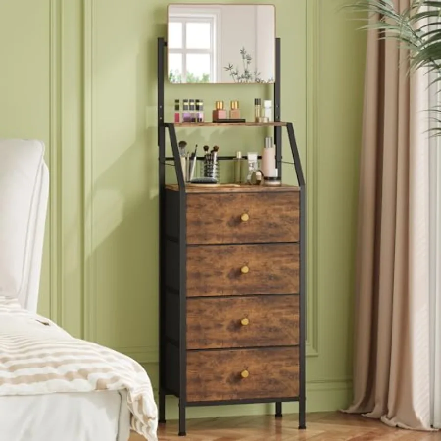 4-Drawer Dresser with Mirror, Vanity with 2-Tier Shelves, Fabric Chest of Drawers for Small Space, Vertical Storage Cabinet for
4-Drawer Dresser with Mirror, Vanity with 2-Tier Shelves, Fabric Chest of Drawers for Small Space, Vertical Storage Cabinet for