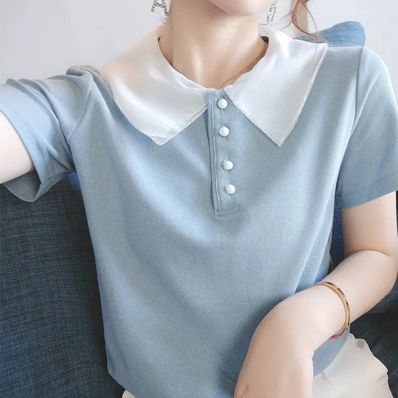 Organsha Lapel Spliced short-sleeved T-shirt for Women in Summer New Slim and Versatile Design Niche Solid Color Top Trendy
Organsha Lapel Spliced short-sleeved T-shirt for Women in Summer New Slim and Versatile Design Niche Solid Color Top Trendy