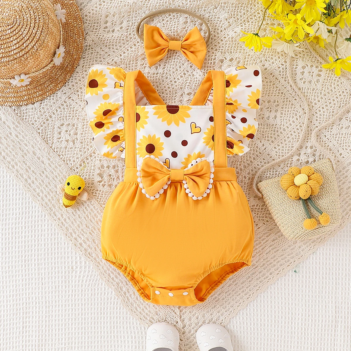 Baby girl baby casual cute floral print color blocked bow decoration triangle jumpsuit, summer (including hair accessories)
Baby girl baby casual cute floral print color blocked bow decoration triangle jumpsuit, summer (including hair accessories)