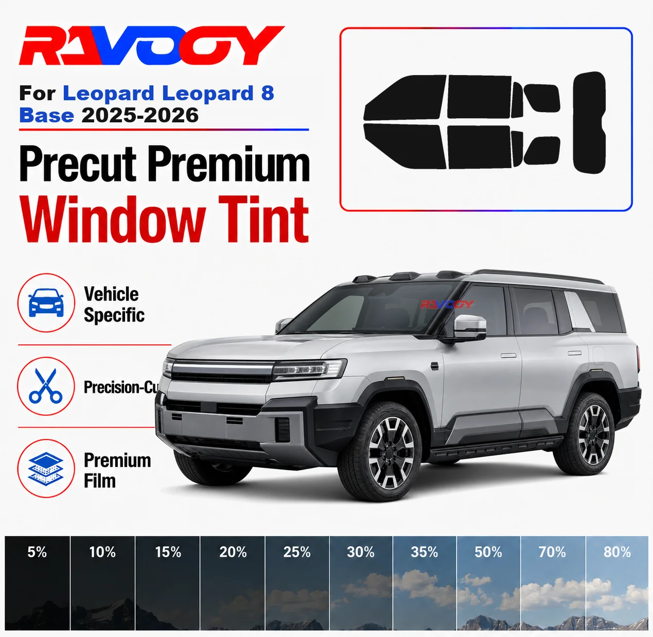 Premium Precut Window Tint Kit Front Windows Rear Windows Rear Windshield For Leopard Leopard 8 Base 2025-2026 Nano Ceramic Film
Premium Precut Window Tint Kit Front Windows Rear Windows Rear Windshield For Leopard Leopard 8 Base 2025-2026 Nano Ceramic Film