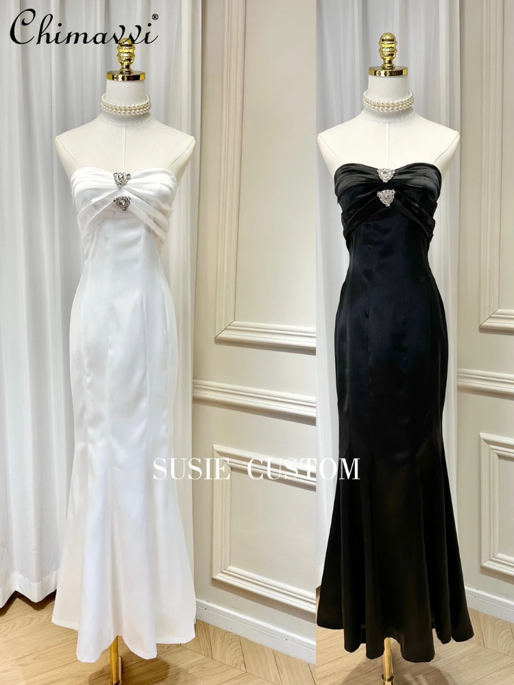 Temperament Pleated Strapless Backless Rhinestone Waist Sheath Fishtail Thin Glittering Satin Long Dress for Women 2023 Autumn
Temperament Pleated Strapless Backless Rhinestone Waist Sheath Fishtail Thin Glittering Satin Long Dress for Women 2023 Autumn