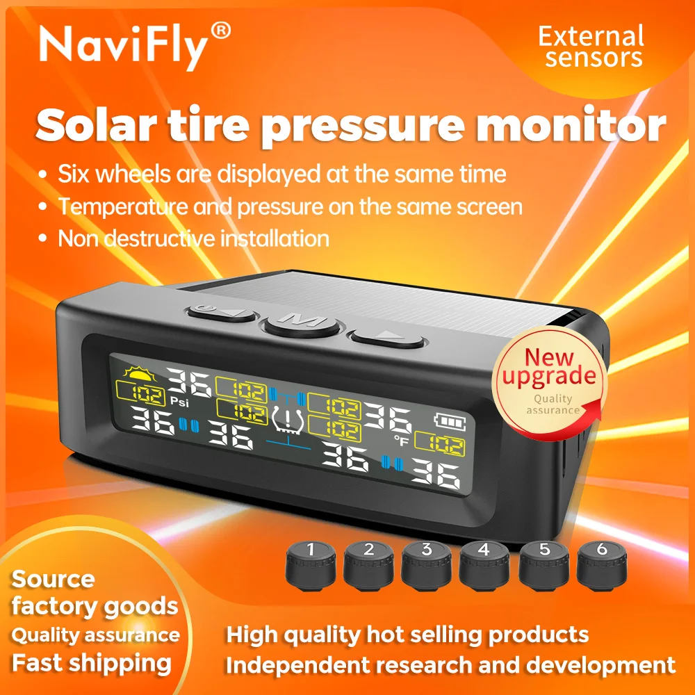 Navifly Новая усовершенствованная система контроля давления в шинах (TPMS) на солнечной энергии с 6 внешними датчиками, водонепроницаемая, с функцией оповещения о давлении и температуре в шинах
Navifly Новая усовершенствованная система контроля давления в шинах (TPMS) на солнечной энергии с 6 внешними датчиками, водонепроницаемая, с функцией оповещения о давлении и температуре в шинах