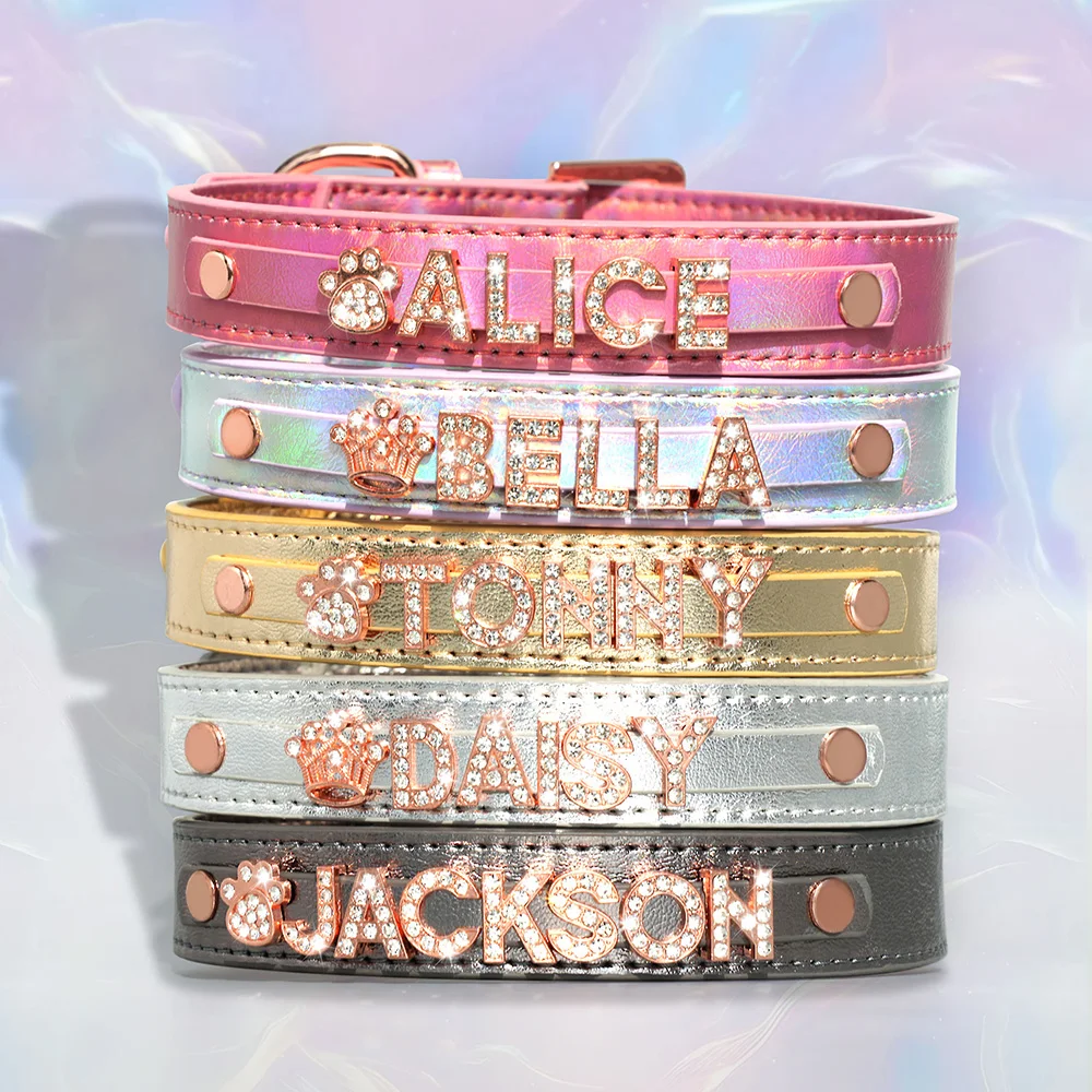 Personalized Dog Collar Glossy PU Leather with Rose Gold Name Letter and Charm,Adjustable Pet Collars for Small Medium Dogs
Personalized Dog Collar Glossy PU Leather with Rose Gold Name Letter and Charm,Adjustable Pet Collars for Small Medium Dogs