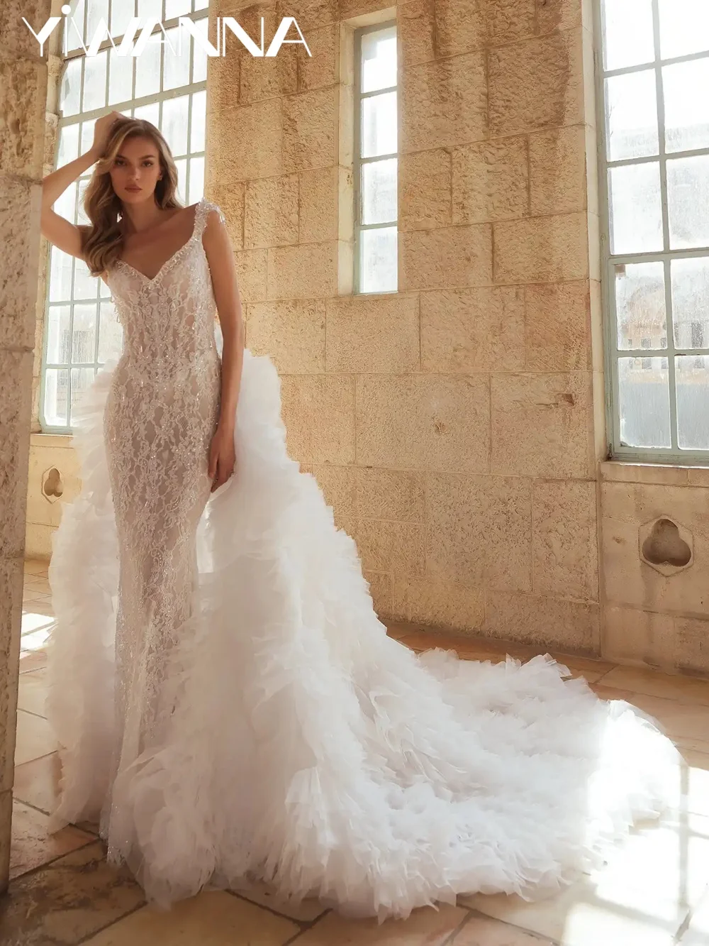 Illusion Beaded Lace Wedding Dress Ruffled Detachable Train Bridal Gown New Customized Stunning Vneck Long Dresses For Bride
Illusion Beaded Lace Wedding Dress Ruffled Detachable Train Bridal Gown New Customized Stunning Vneck Long Dresses For Bride