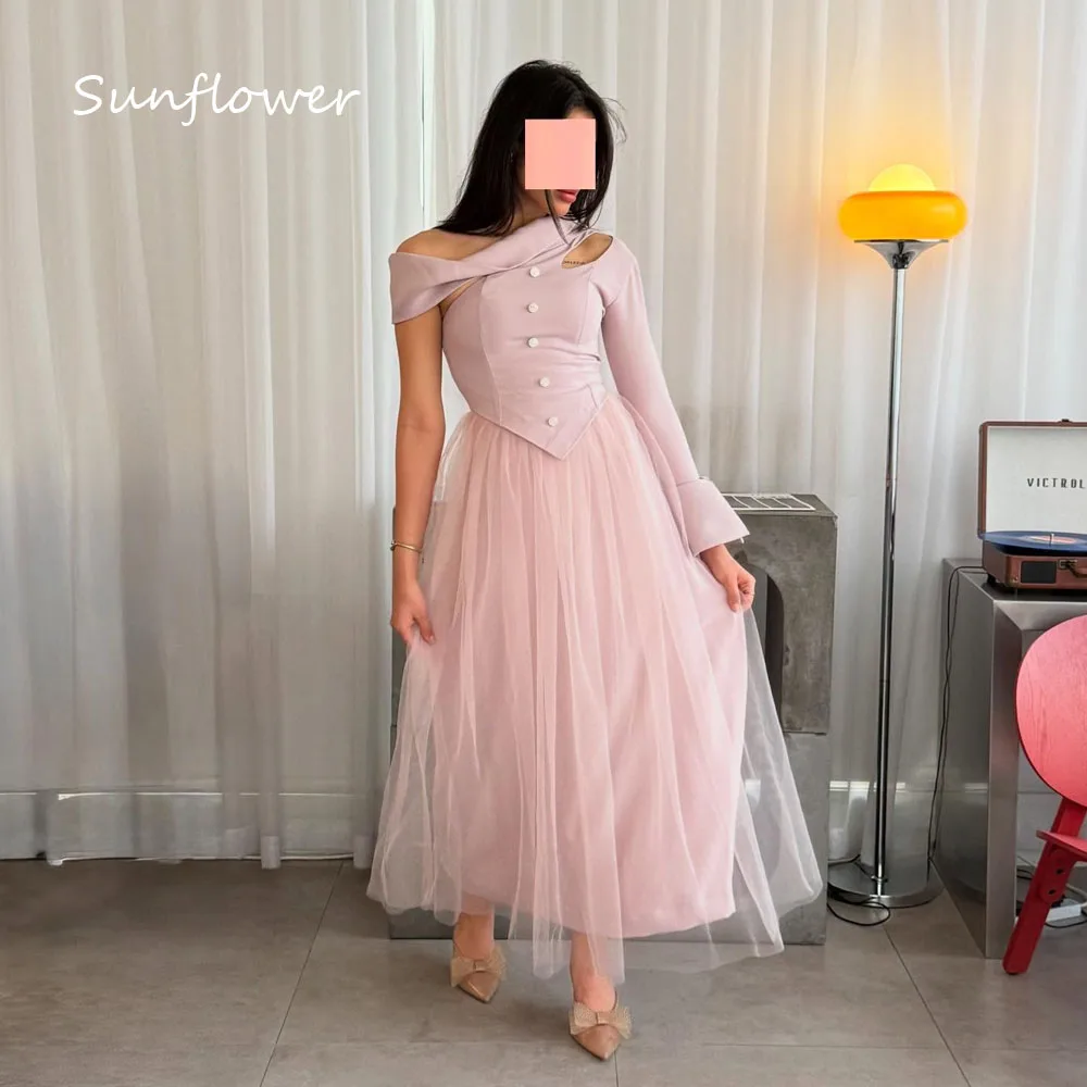 Sunflower Customized Pink Crepe Evening Dress One Shoulder Long Sleeves Tulle A-Line Ankle-Length Formal Occasion Dress
Sunflower Customized Pink Crepe Evening Dress One Shoulder Long Sleeves Tulle A-Line Ankle-Length Formal Occasion Dress