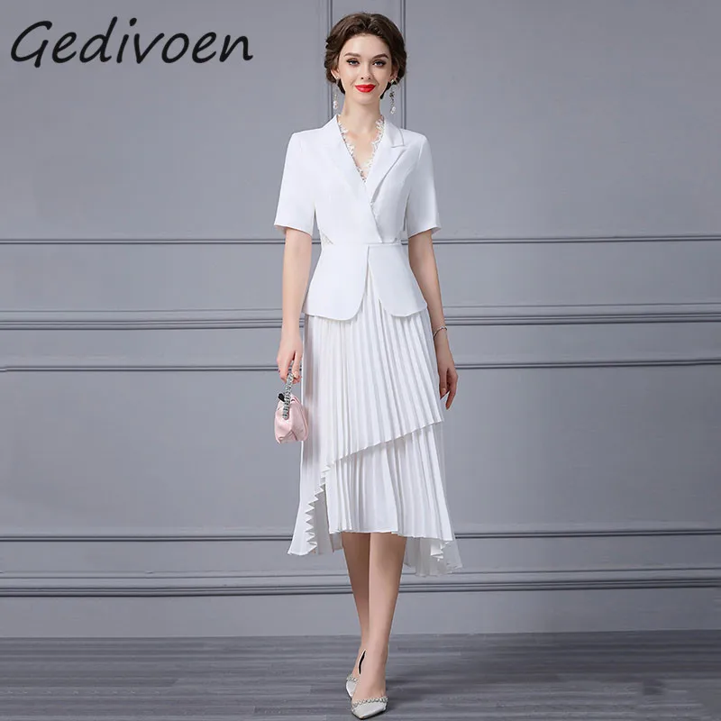 Gedivoen Summer Fashion Runway Elegant White Suit Dress Women's Notched Lace Splicing Pleated High Waist Irregularity Long Dress
Gedivoen Summer Fashion Runway Elegant White Suit Dress Women's Notched Lace Splicing Pleated High Waist Irregularity Long Dress