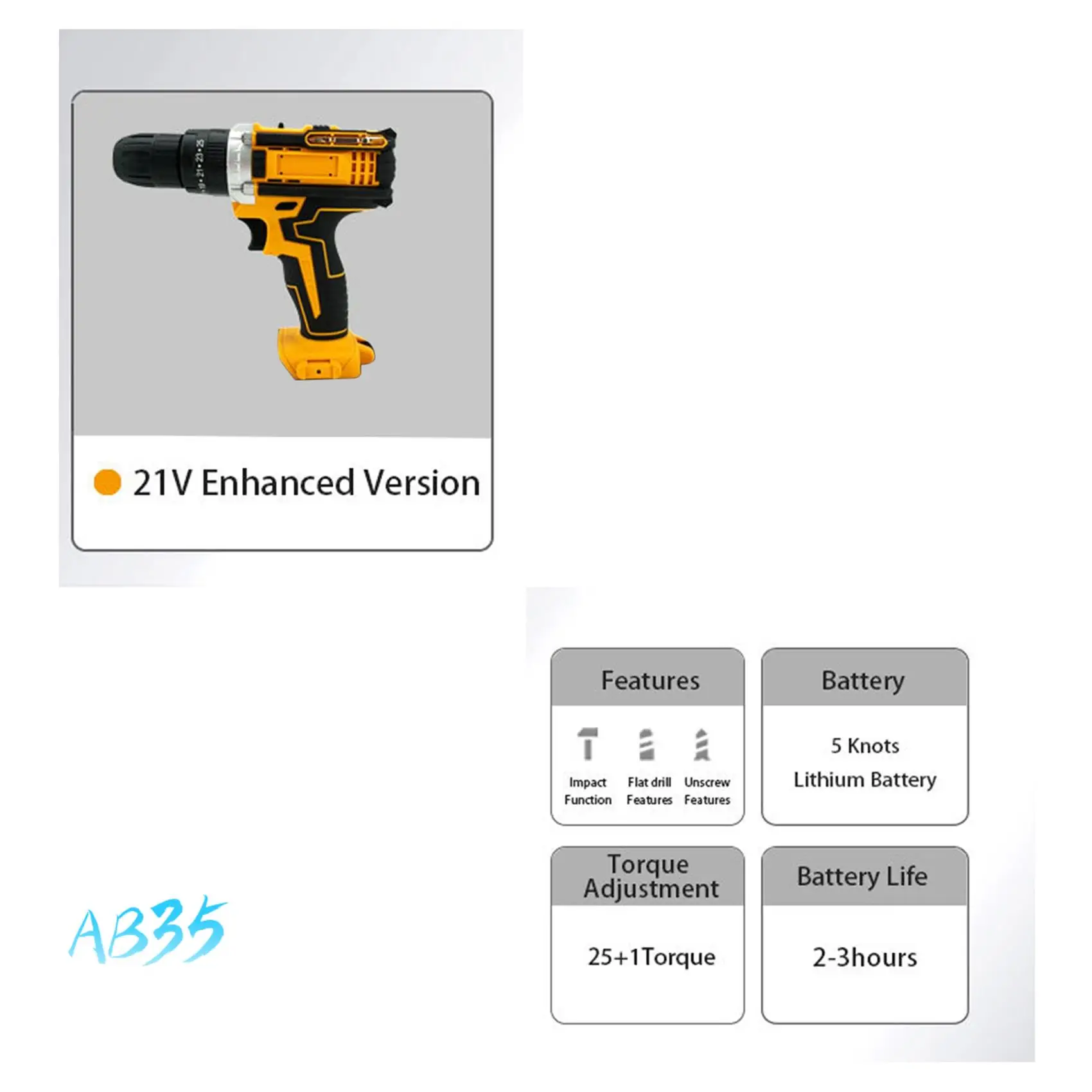 AB35-For 21V Impact Electric Drill Variable Speed Impact Electric Screwdrivers Cordless Drill 3000RPM Cordless Drill
AB35-For 21V Impact Electric Drill Variable Speed Impact Electric Screwdrivers Cordless Drill 3000RPM Cordless Drill