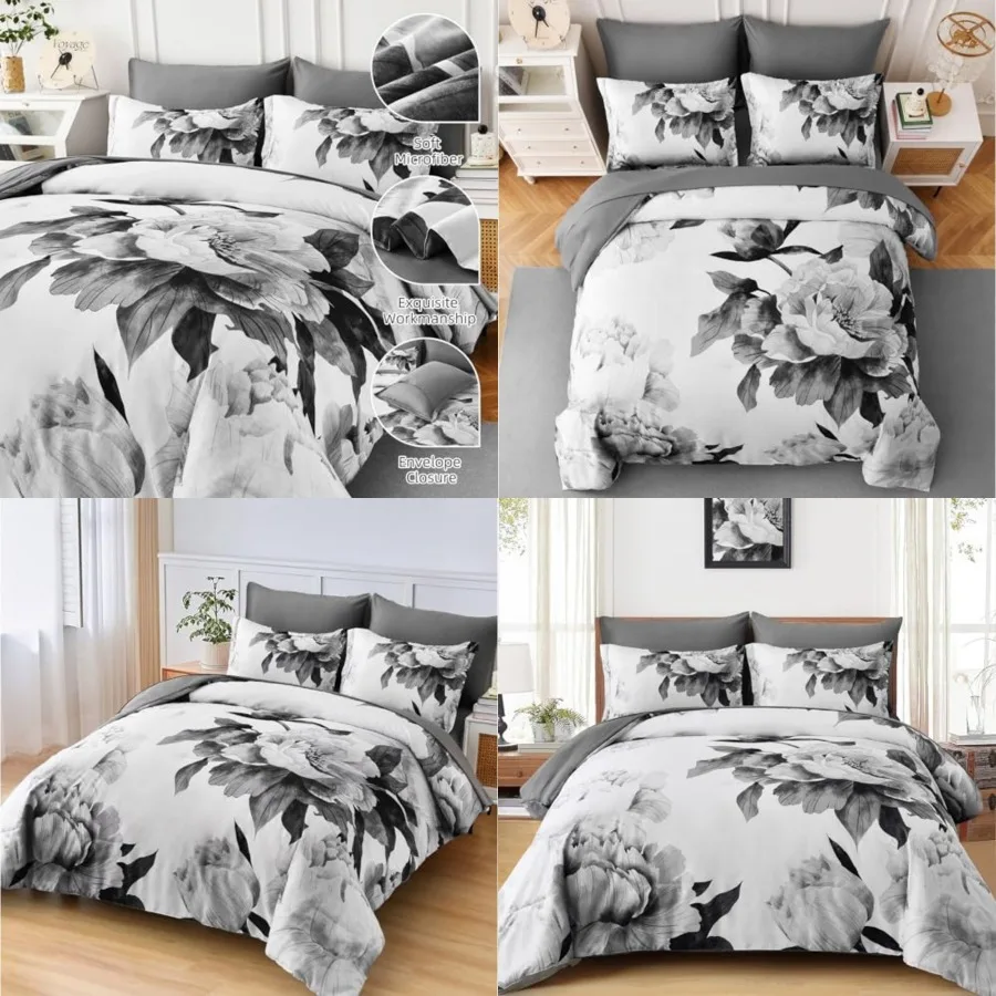 Comforter Set 7 Pcs Bed in a Bag, Gray Floral Printed on White Comforter Set with Sheets, Soft Microfiber Botanical Farmhouse B
Comforter Set 7 Pcs Bed in a Bag, Gray Floral Printed on White Comforter Set with Sheets, Soft Microfiber Botanical Farmhouse B