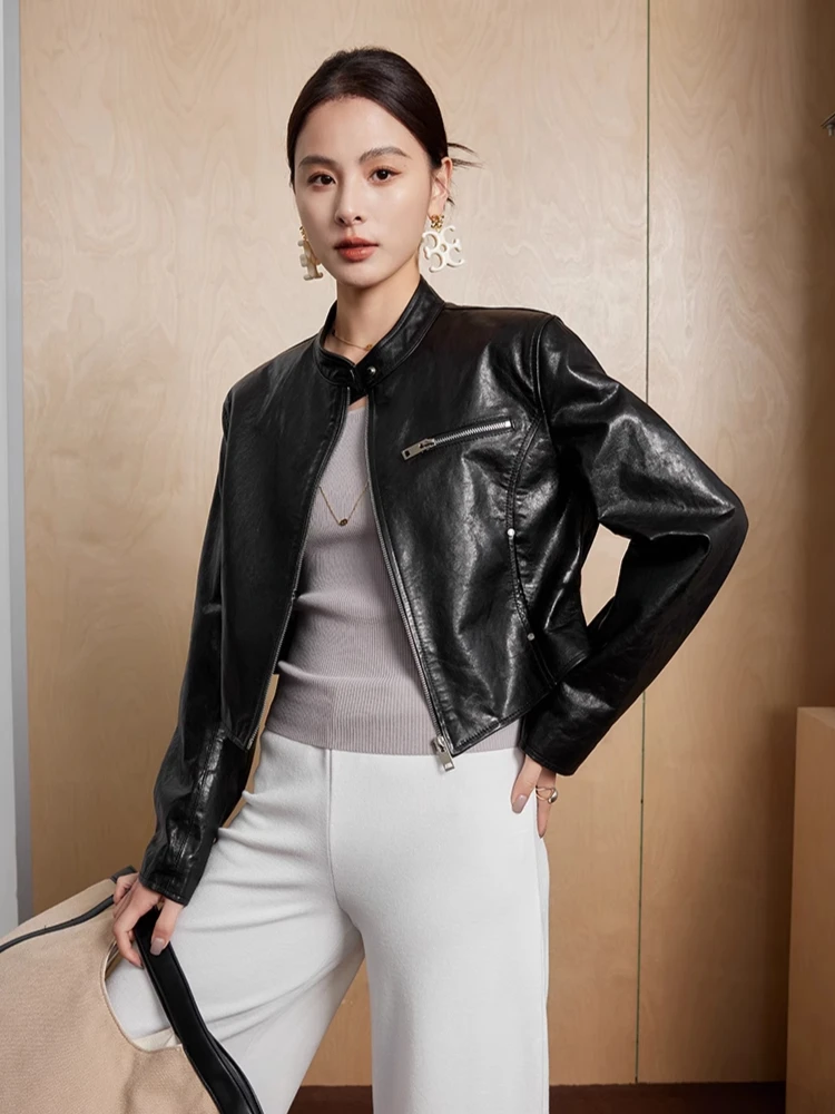 Casual Genuine Leather Motorcycle Jackets for Women Simple Stand Collar Slim Short Black Real Sheepskin Coat manteau cuir femme
Casual Genuine Leather Motorcycle Jackets for Women Simple Stand Collar Slim Short Black Real Sheepskin Coat manteau cuir femme