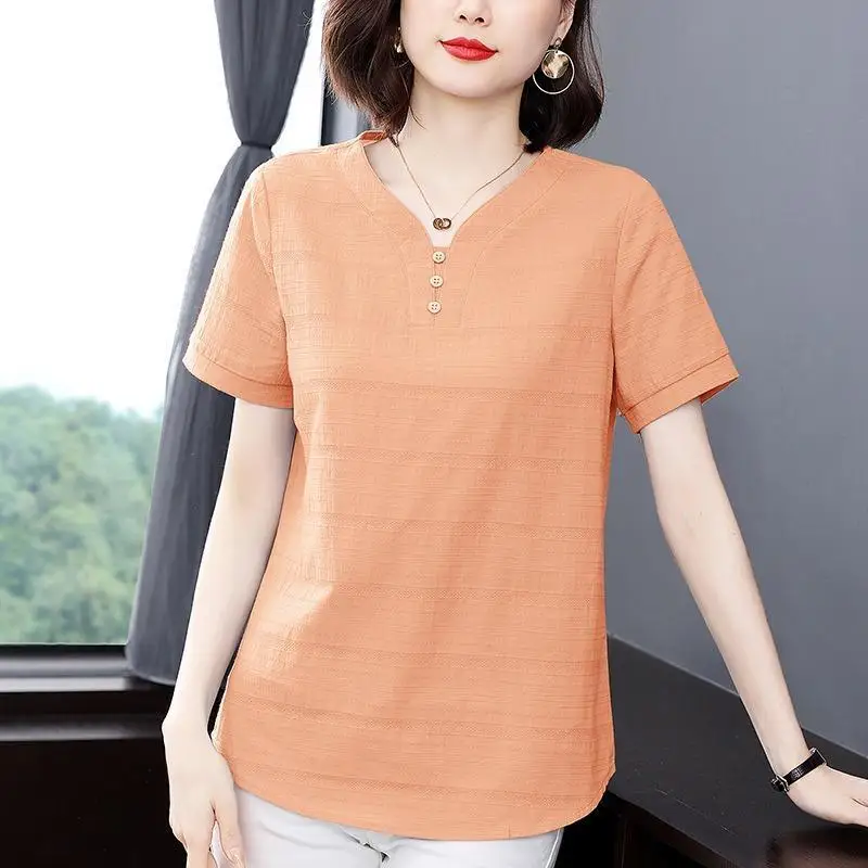 Women's T-shirt Summer New Female Clothing Cotton Pullovers Short Sleeve Blouse V-Neck Striped Button Loose Fashion Elegant Tops
Women's T-shirt Summer New Female Clothing Cotton Pullovers Short Sleeve Blouse V-Neck Striped Button Loose Fashion Elegant Tops