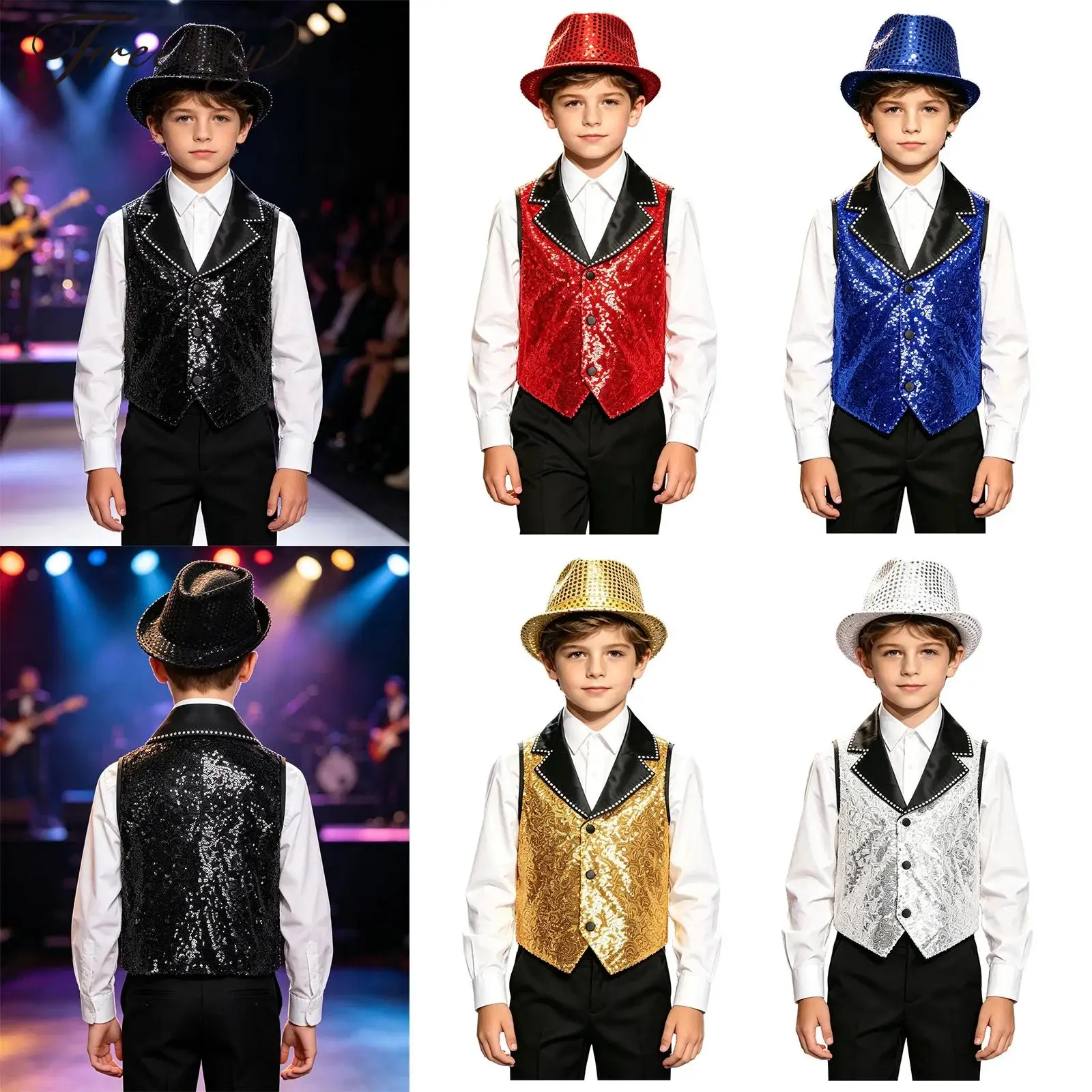 Kids Boys 2pcs Jazz Hip Hop Dance Outfit Contrasting Lapel Collar Waistcoat Sleeveless Sparkling Vest with Sequined Hat Set
Kids Boys 2pcs Jazz Hip Hop Dance Outfit Contrasting Lapel Collar Waistcoat Sleeveless Sparkling Vest with Sequined Hat Set