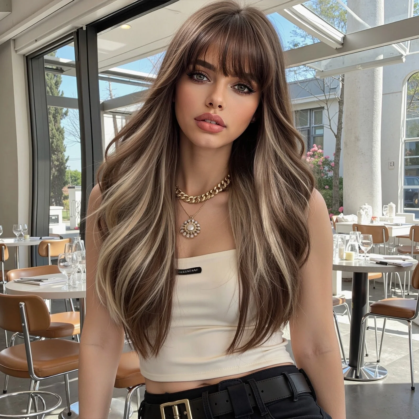 Allbell Magique Brown Blonde Highlights Long Body Wave Wig With Bangs Heat Resistant Synthetic Hair For Women Natural Looking
Allbell Magique Brown Blonde Highlights Long Body Wave Wig With Bangs Heat Resistant Synthetic Hair For Women Natural Looking