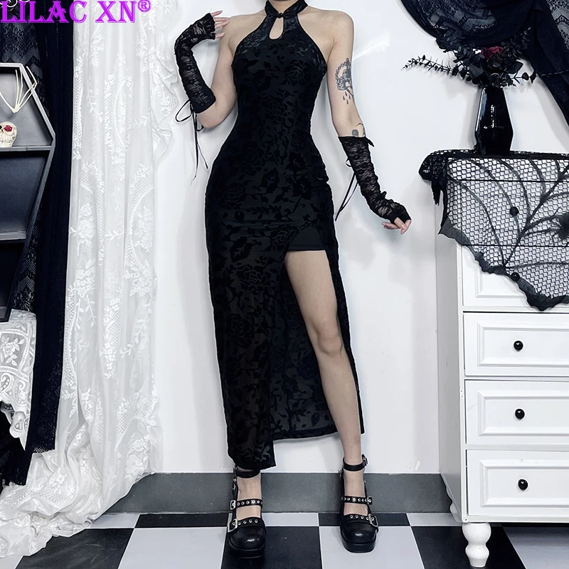 Goth Black Flocking Lace-up Halter Long Party Dresses Y2K Vintage Sexy Backless High Slit Bodycon Midi Dress Women Summer
Goth Black Flocking Lace-up Halter Long Party Dresses Y2K Vintage Sexy Backless High Slit Bodycon Midi Dress Women Summer