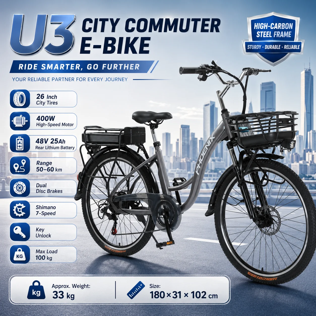 Adult City Electric Bicycle 26 Inch Commuter E-Bike 400W Motor 48V 25Ah Battery Shimano 7 Speed Key Unlock Dual Disc Brakes
Adult City Electric Bicycle 26 Inch Commuter E-Bike 400W Motor 48V 25Ah Battery Shimano 7 Speed Key Unlock Dual Disc Brakes