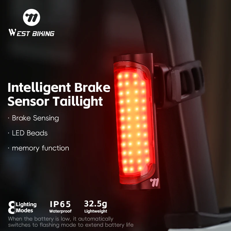 WEST BIKING Smart Brake Sensor Bicycle Taillight 8 Lighting Modes IP65 Lightweight Bike Rear Lamp Outdoor Cycling Supplies
WEST BIKING Smart Brake Sensor Bicycle Taillight 8 Lighting Modes IP65 Lightweight Bike Rear Lamp Outdoor Cycling Supplies