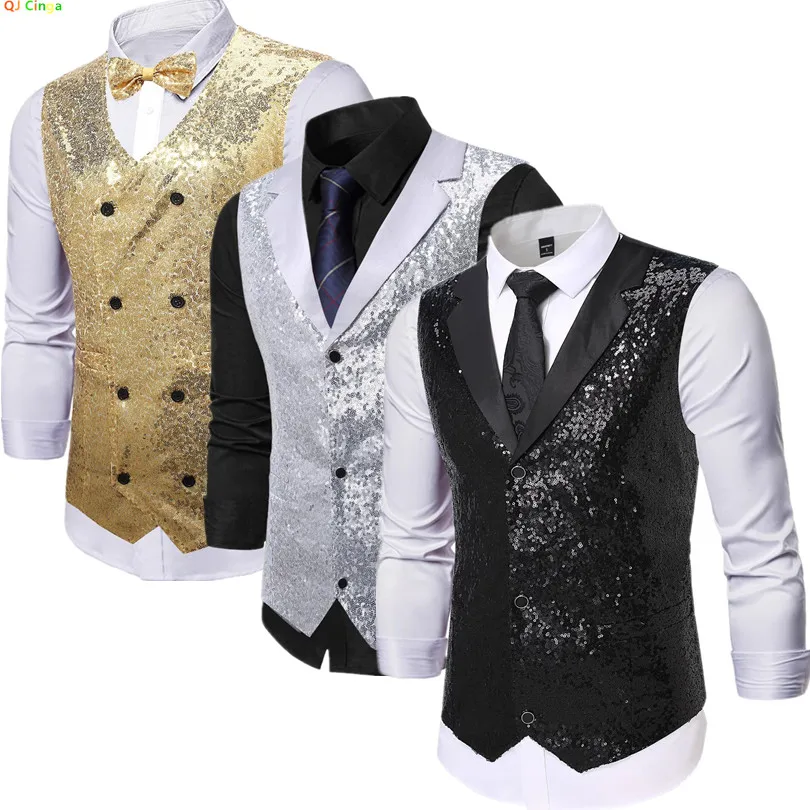 Shiny Sequin Decorated Black Men's Suit Collar Sleeveless Vest for Wedding/Party/Stage Performance, Gold or Silver Optional
Shiny Sequin Decorated Black Men's Suit Collar Sleeveless Vest for Wedding/Party/Stage Performance, Gold or Silver Optional