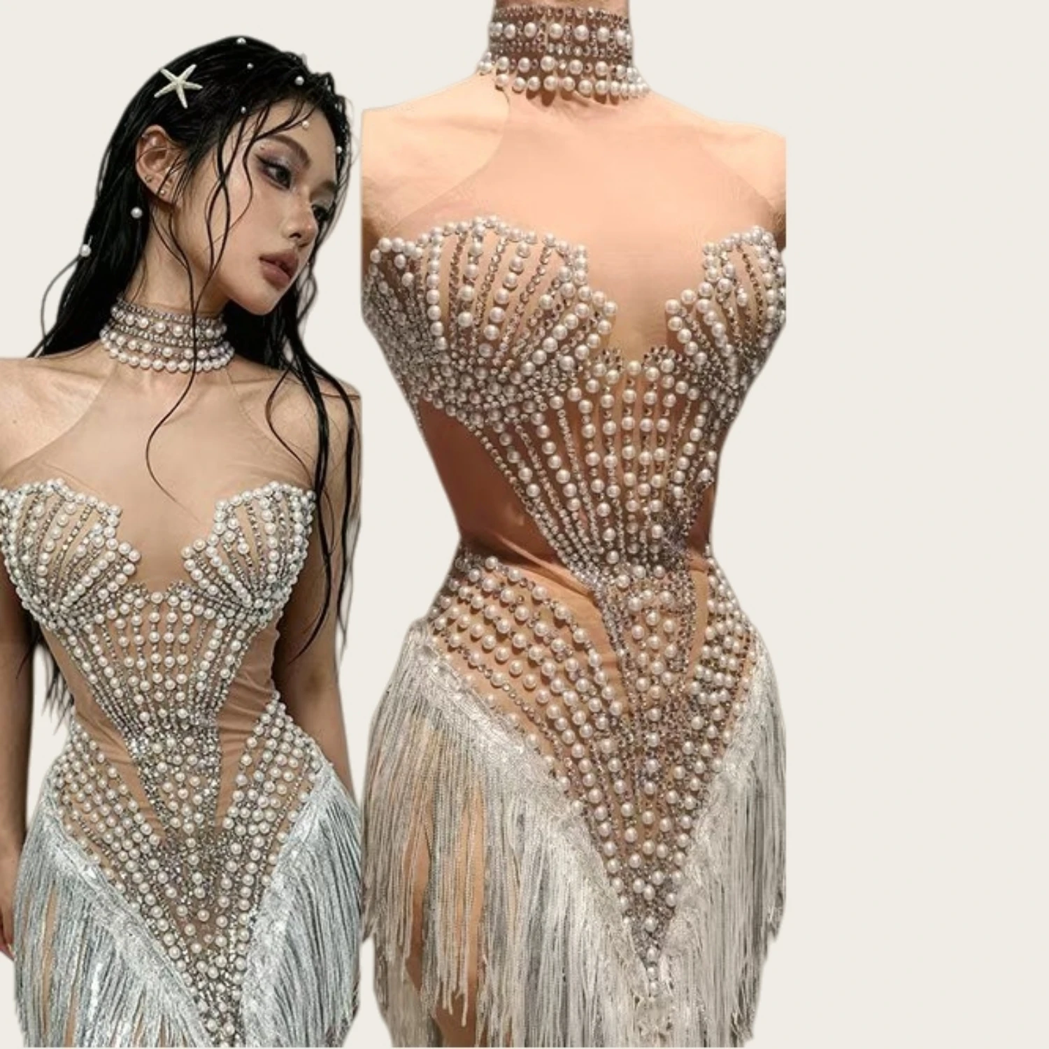 Pearls Rhinestone Brilliant Glamorous Outfit Designer Mini Dress Sexy Women gig Dance Wear Tassel Stage Performance Wear Shanbei
Pearls Rhinestone Brilliant Glamorous Outfit Designer Mini Dress Sexy Women gig Dance Wear Tassel Stage Performance Wear Shanbei