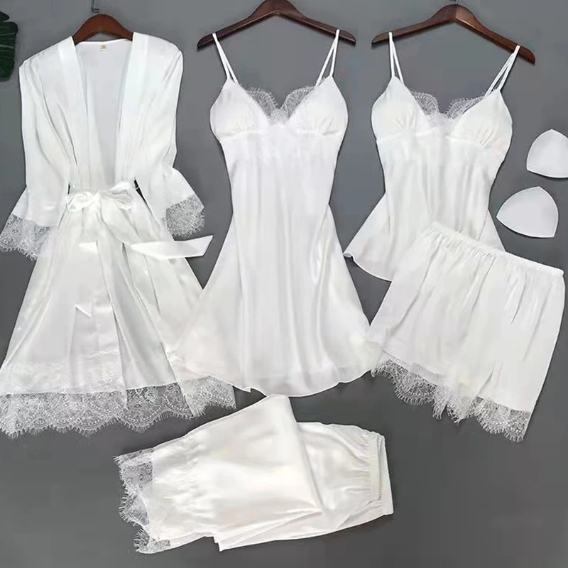 White 5PCS Sleep Set Pajamas Lady Lace Satin Pyjamas Kimono Bath Gown Loose Sleepwear Home Cloting V-Neck Casual Nightwear
White 5PCS Sleep Set Pajamas Lady Lace Satin Pyjamas Kimono Bath Gown Loose Sleepwear Home Cloting V-Neck Casual Nightwear