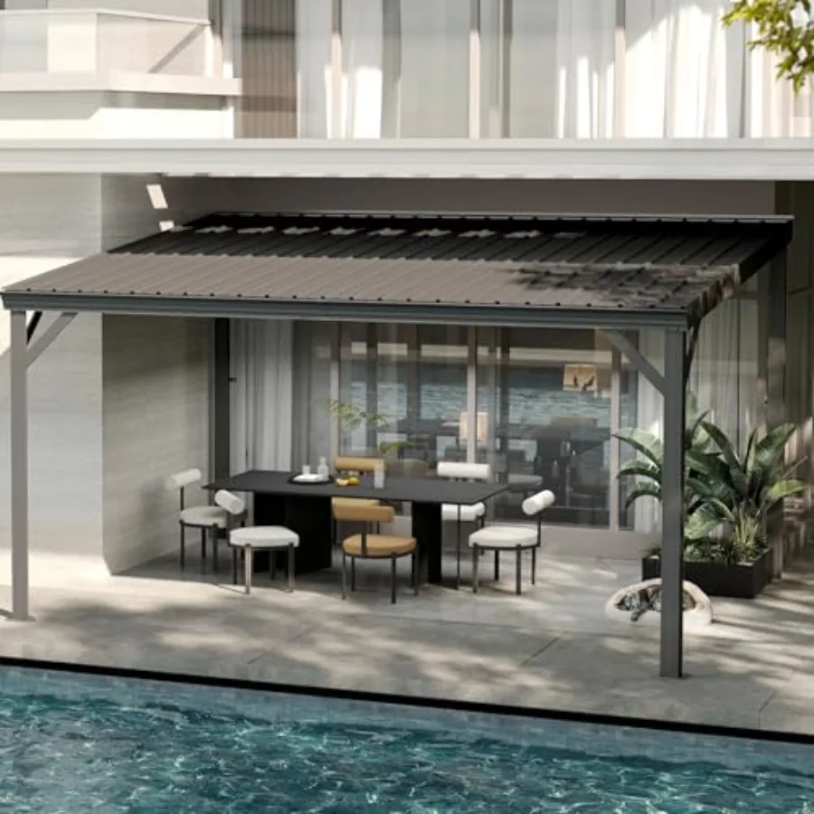 Outdoor hardtop wall mounted gazebo for deck, porch, backyard; galvanized steel roof with gutter slope; grey metal hard top awn
Outdoor hardtop wall mounted gazebo for deck, porch, backyard; galvanized steel roof with gutter slope; grey metal hard top awn