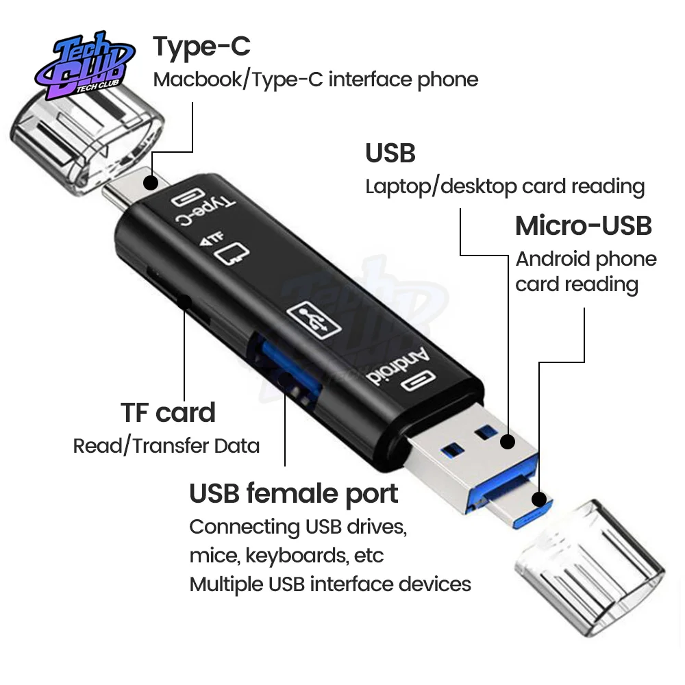 5 in 1 Usb 2.0 Type C/Usb /Micro Usb/Tf/SD Memory Card Reader OTG Card Reader Adapter for Mobile Phone Tool
5 in 1 Usb 2.0 Type C/Usb /Micro Usb/Tf/SD Memory Card Reader OTG Card Reader Adapter for Mobile Phone Tool