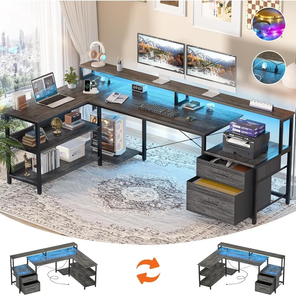 L Shaped Desk with Power Outlet, Reversible L Shaped Computer Desk with File Drawer & Monitor Stand, Gaming Desk with LED Strip
L Shaped Desk with Power Outlet, Reversible L Shaped Computer Desk with File Drawer & Monitor Stand, Gaming Desk with LED Strip