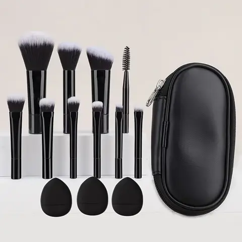 13Pcs Mini Makeup Brush Set with Mini Puffs, Travel Size Soft Bristle for Foundation Powder Contour Blush Eye Lip Concealer Gift