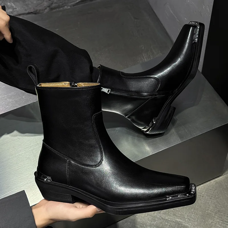 Мужские кожаные ботинки челси на высоком каблуке, модные, с квадратным носком, на молнии, для делового стиля и торжественных случаев
Мужские кожаные ботинки челси на высоком каблуке, модные, с квадратным носком, на молнии, для делового стиля и торжественных случаев