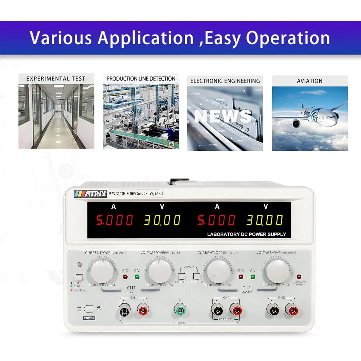 Triple Linear DC Power Supply 30V 5A 315W, Adjustable Benchtop Power Supply Variable 10mV/1mA with Low Ripple, 4 Digits Display
Triple Linear DC Power Supply 30V 5A 315W, Adjustable Benchtop Power Supply Variable 10mV/1mA with Low Ripple, 4 Digits Display
