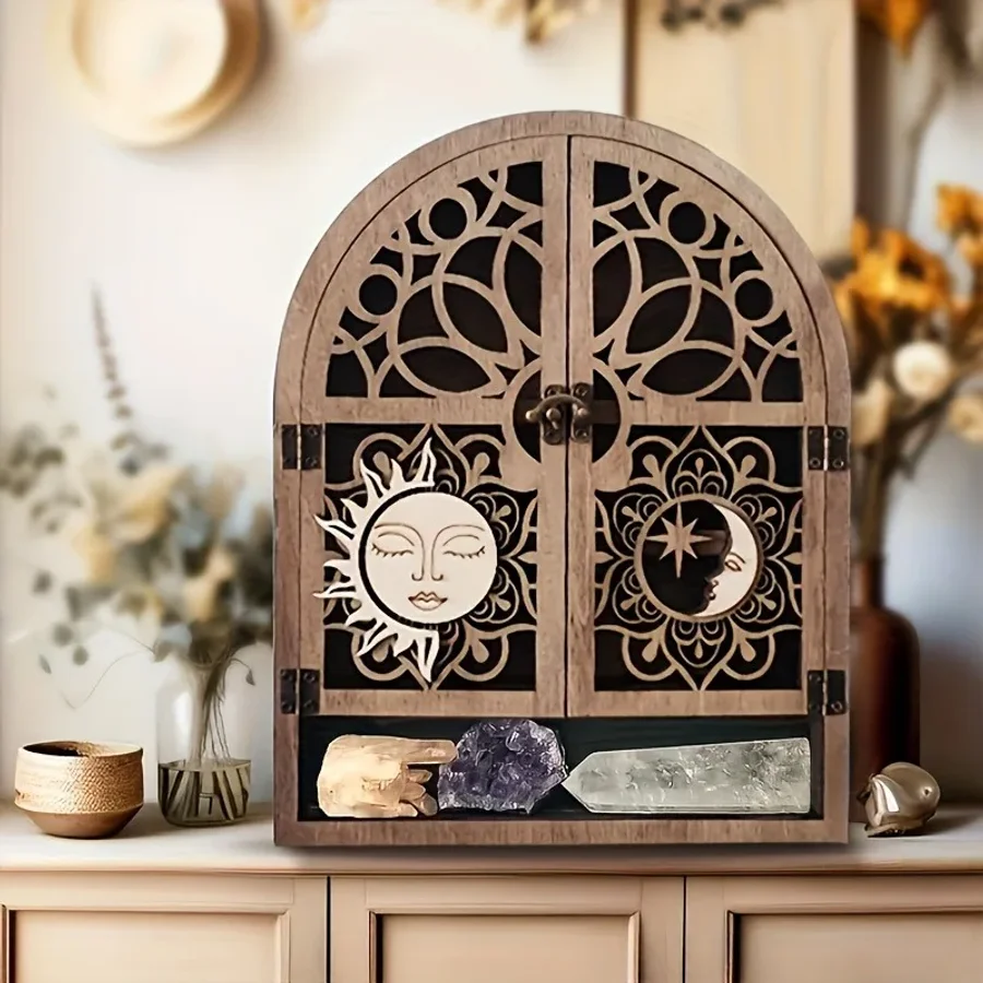 Vintage Wooden Floating Shelves With Sun And Moon Design, Wall Hanging Storage For Crystals, For Various Room Types
Vintage Wooden Floating Shelves With Sun And Moon Design, Wall Hanging Storage For Crystals, For Various Room Types