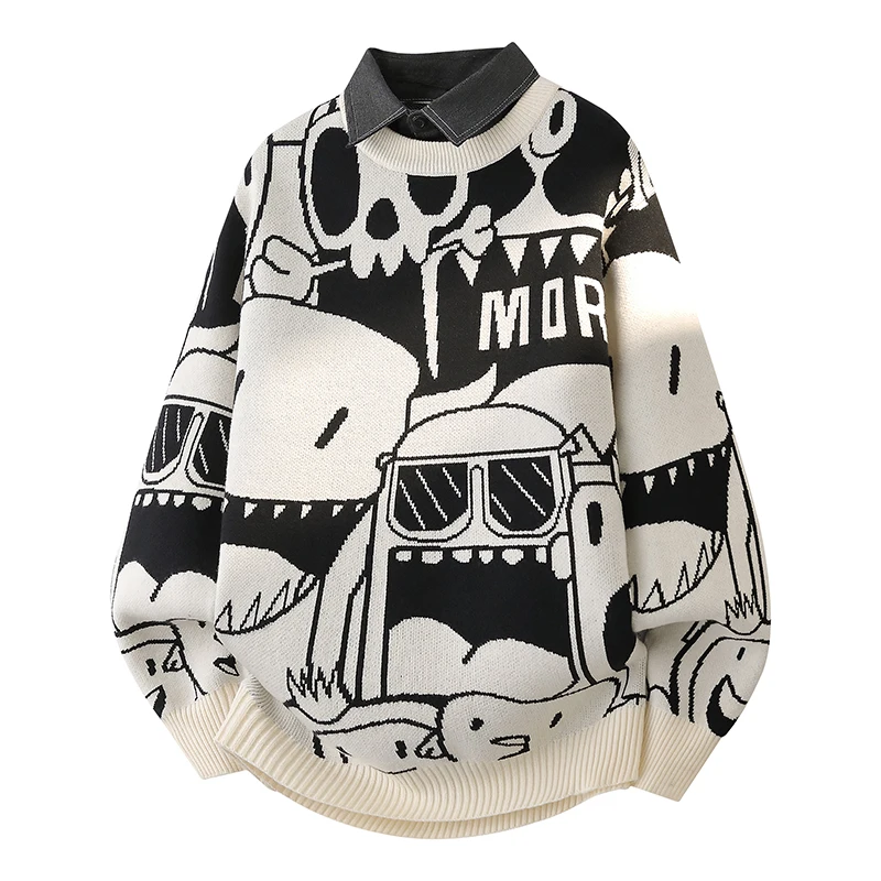 Casual Loose Men's Knitted Sweater with irt Collar Fake Two-Piece Design Cartoon Pattern Teenage Faion Brand American Sle
Casual Loose Men's Knitted Sweater with irt Collar Fake Two-Piece Design Cartoon Pattern Teenage Faion Brand American Sle