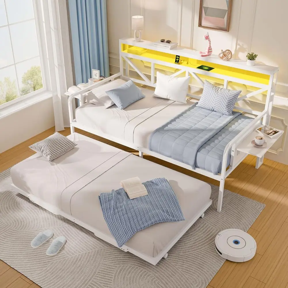 White Heavy Duty Twin Metal Daybed with Trundle, LED Lights, and 2-Tier Storage Shelves
White Heavy Duty Twin Metal Daybed with Trundle, LED Lights, and 2-Tier Storage Shelves