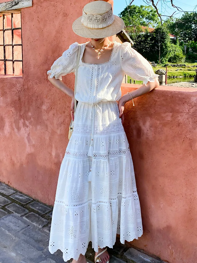 Elegant Hollow out Square Collar Cotton Top And Midi Skirt Set Women's Summer Fashion Outfit Loose Fit Short Sleeve Button up
Elegant Hollow out Square Collar Cotton Top And Midi Skirt Set Women's Summer Fashion Outfit Loose Fit Short Sleeve Button up