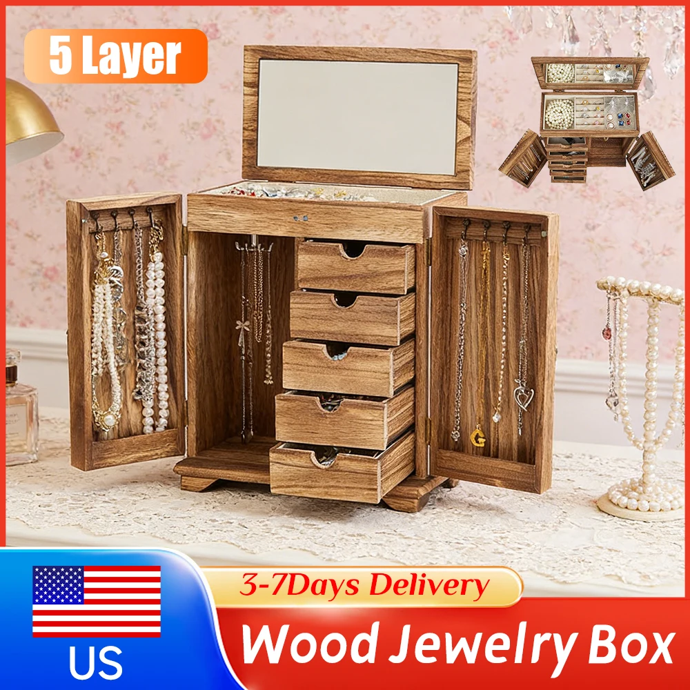 5Layer Wooden Jewelry Box with Drawers Mirror Large Capacity Jewelry Organizer Display Box for Necklaces Earrings Storage Casket
5Layer Wooden Jewelry Box with Drawers Mirror Large Capacity Jewelry Organizer Display Box for Necklaces Earrings Storage Casket