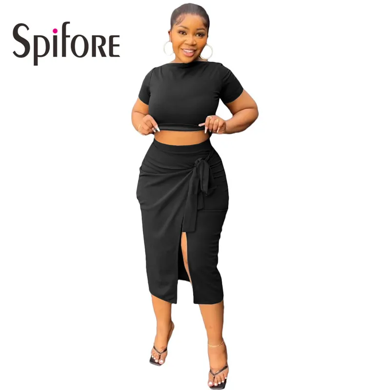 Spifore Elegant Women Clothing O Neck Short Sleeve T-Shirt High Waist Lace Up Midi Skirt Fashion Solid Two Piece Set Casual Suit
Spifore Elegant Women Clothing O Neck Short Sleeve T-Shirt High Waist Lace Up Midi Skirt Fashion Solid Two Piece Set Casual Suit