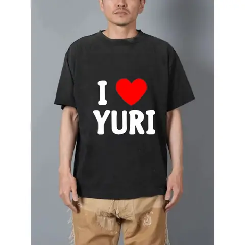 Men's Washed T-Shirt Black I Love YURI Printed Pattern & Text High Quality 100% Cotton 230g