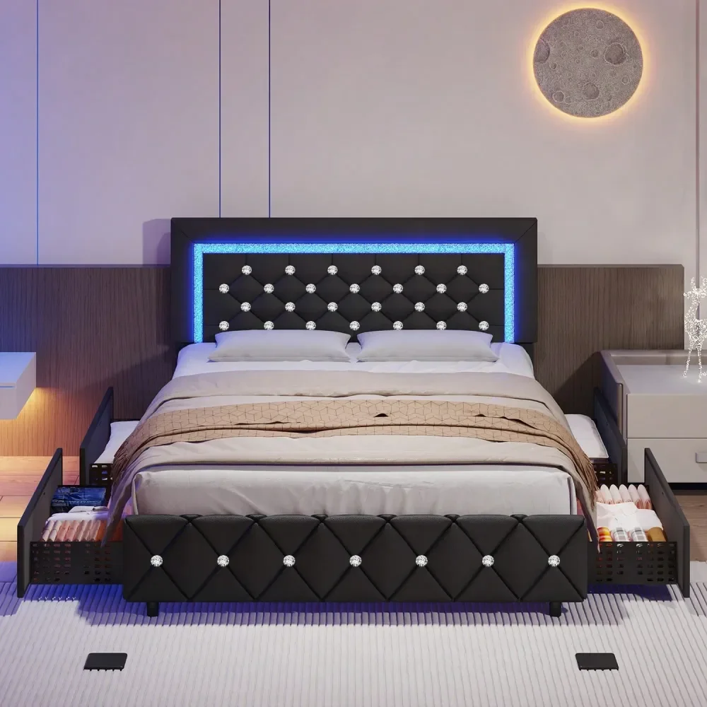 Full Queen Bed Frame With Drawers, Upholstered Bed Frame With LED Lights, Modern Platform Bed Frame With Headboard And Footboard
Full Queen Bed Frame With Drawers, Upholstered Bed Frame With LED Lights, Modern Platform Bed Frame With Headboard And Footboard