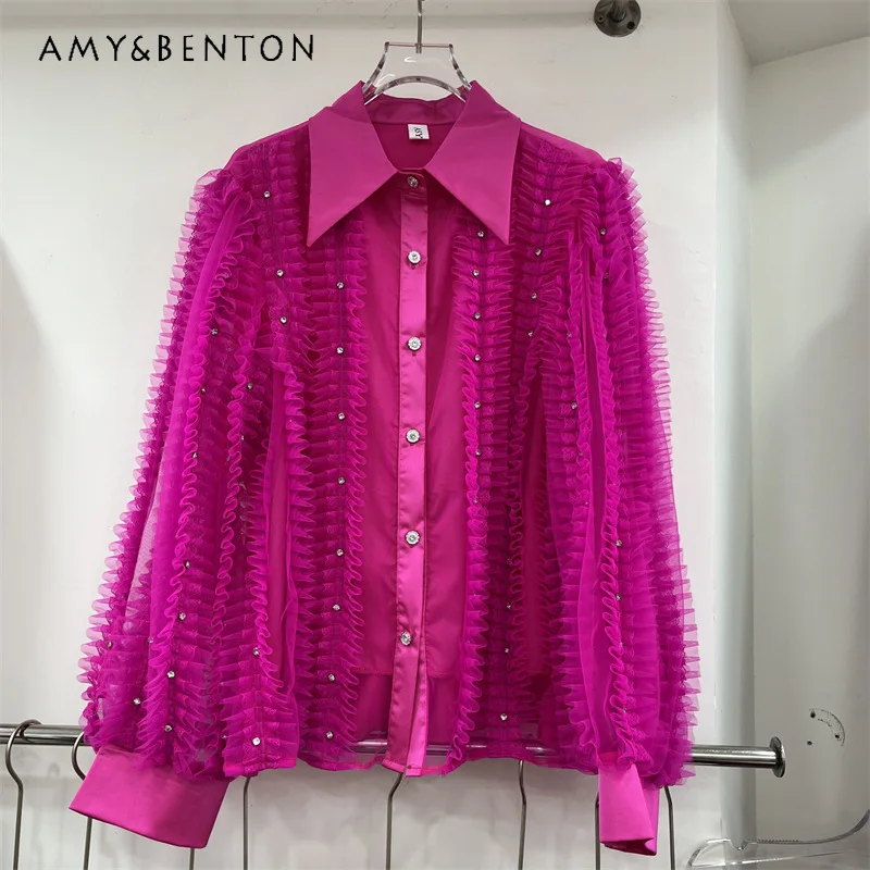 Rhinestone Trim Ruffle Splice Retro Pleated Single Breasted Shirt Women's Loose Versatile Elegant Casual Daily Chic Blouse Tops
Rhinestone Trim Ruffle Splice Retro Pleated Single Breasted Shirt Women's Loose Versatile Elegant Casual Daily Chic Blouse Tops