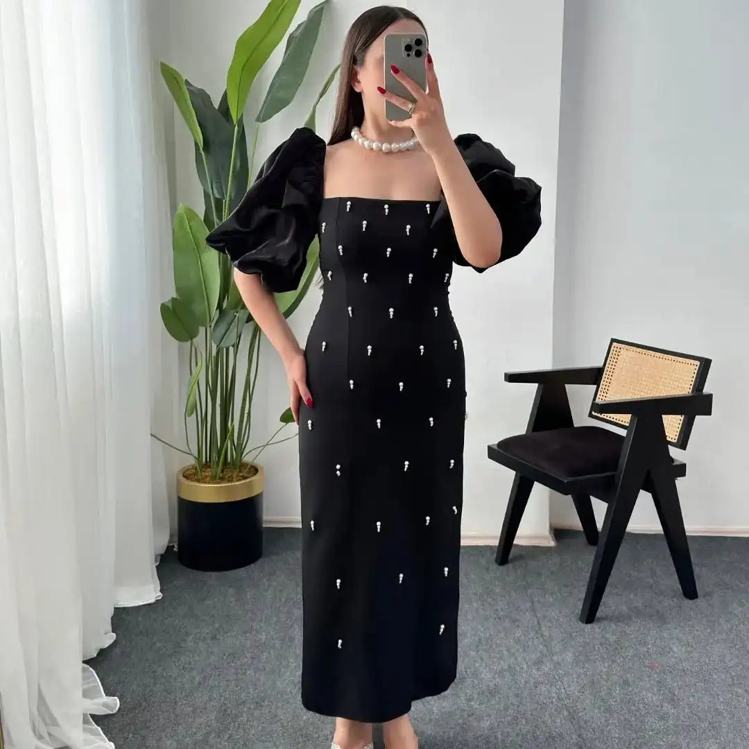 Customized Elegant Square Collar Half Sleeves Pearls Evening Dresses Modern Pleats Jersey Black Vestido De Festa Robe de soirée
Customized Elegant Square Collar Half Sleeves Pearls Evening Dresses Modern Pleats Jersey Black Vestido De Festa Robe de soirée