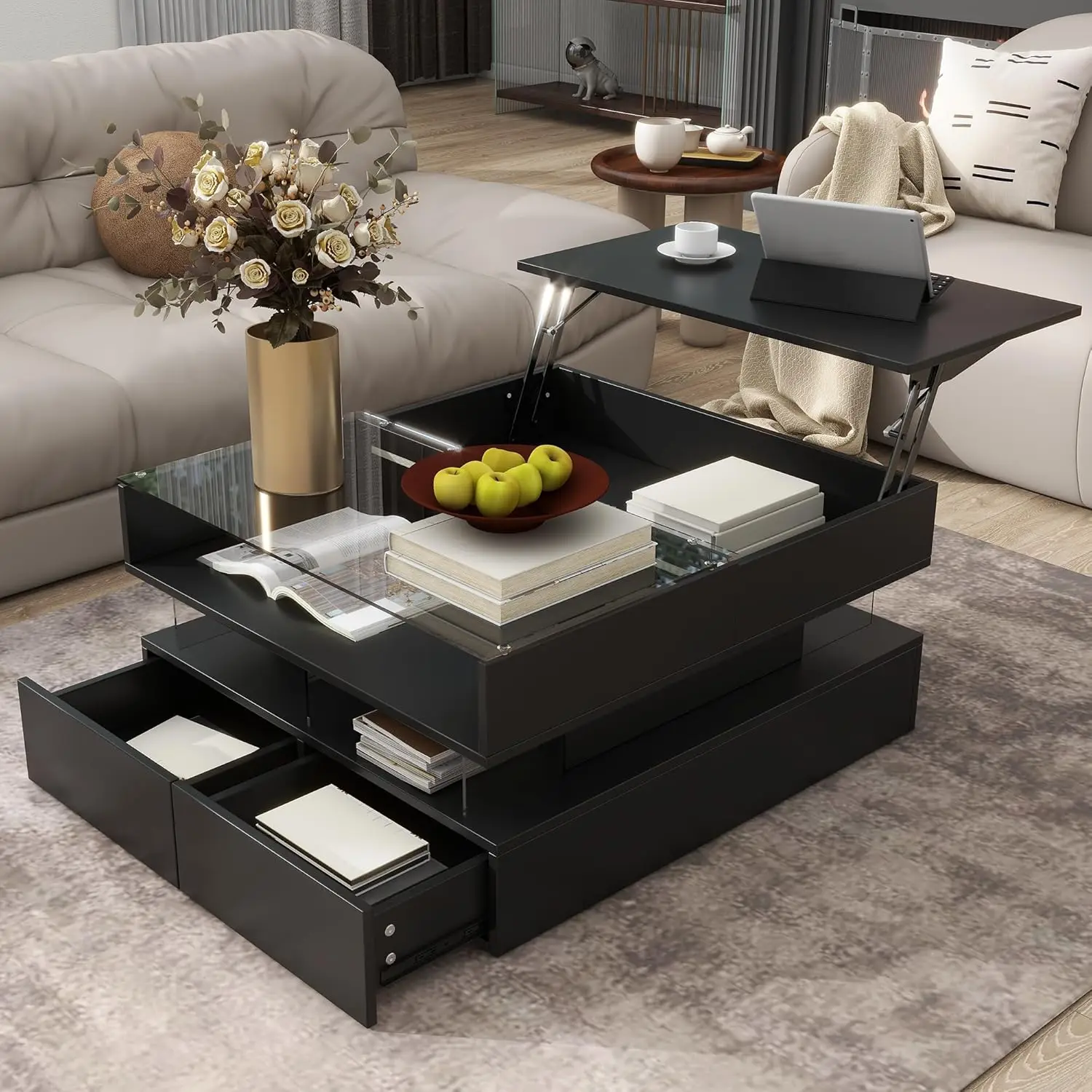 Lift Top Coffee Table LED Lights Square Glass 2 Drawers Hidden Storage High Gloss Black Living Room, Customized
Lift Top Coffee Table LED Lights Square Glass 2 Drawers Hidden Storage High Gloss Black Living Room, Customized