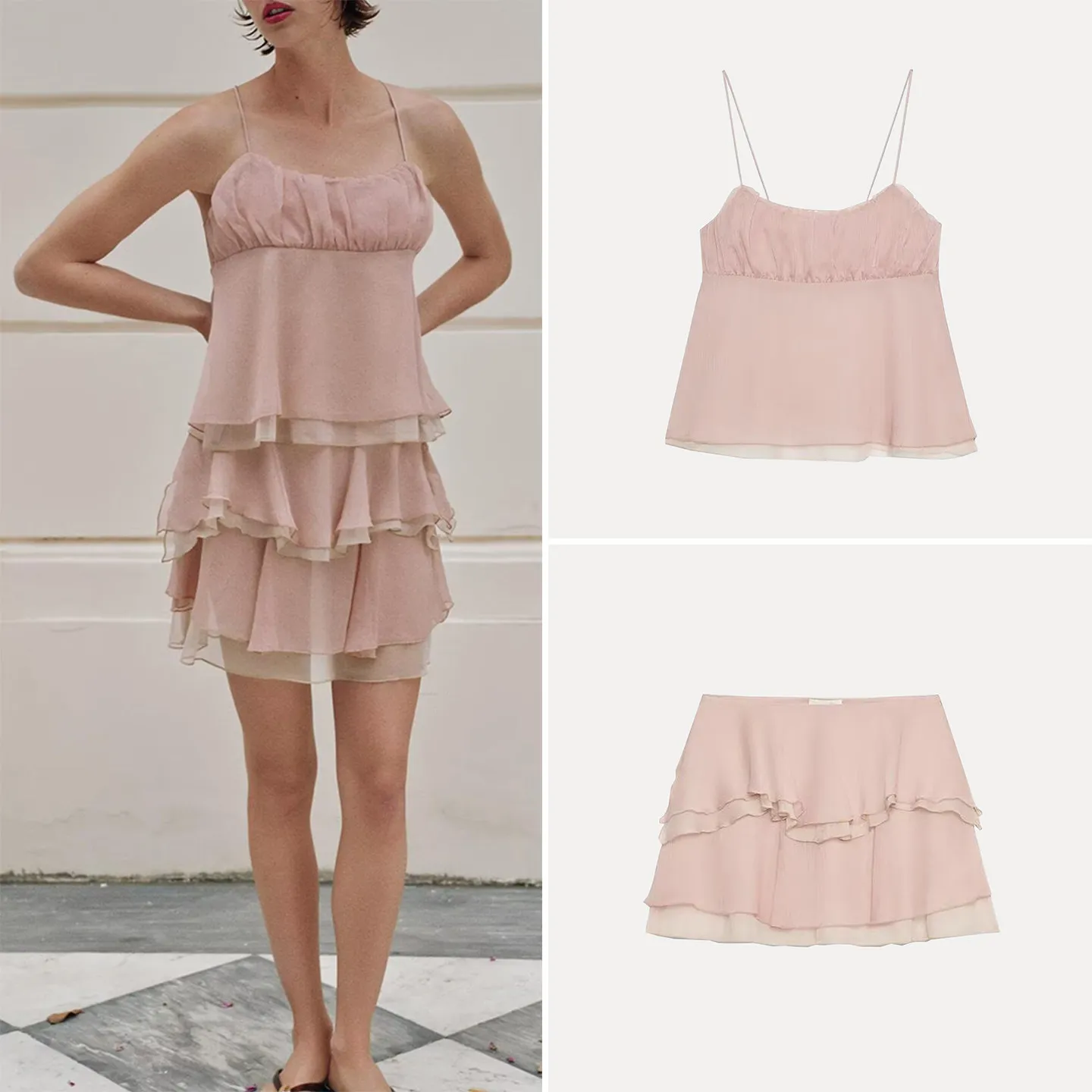Women's Fashion Straight Collar Color Block Georgette Strap Top Short Skirt Set Summer Season Midi Waist Decorative Layers
Women's Fashion Straight Collar Color Block Georgette Strap Top Short Skirt Set Summer Season Midi Waist Decorative Layers