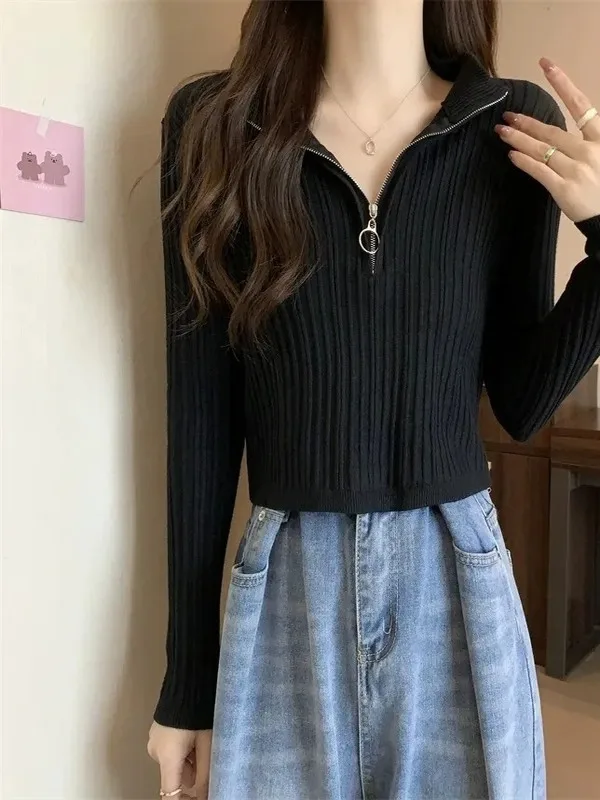Slim Fit Short Knitted Base Shirt for Women with Half Zip Black Sweater Fashionable Unique Autumn Winter Small Size Top
Slim Fit Short Knitted Base Shirt for Women with Half Zip Black Sweater Fashionable Unique Autumn Winter Small Size Top